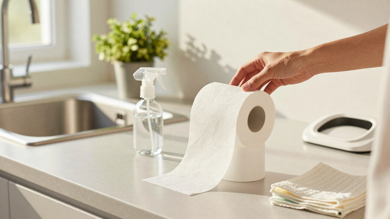 Mão a puxar papel de cozinha sobre bancada de cozinha com dispensador de spray e panos dobrados.