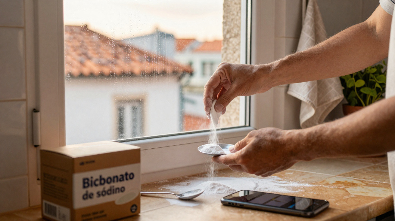 Pessoa a colocar bicarbonato de sódio numa colher, junto a uma janela com vista de telhados, com telemóvel na bancada.