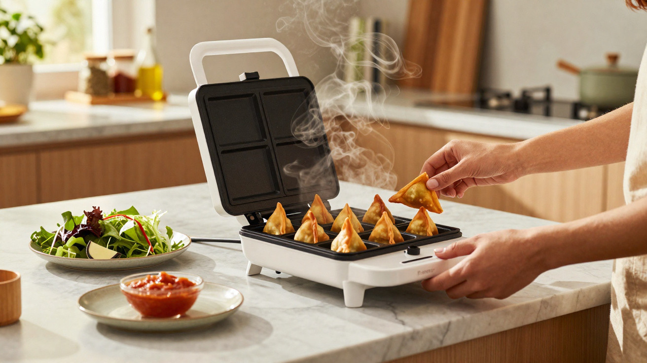 Máquina de waffles cozinhando pastéis com vapor, ao lado de prato com salada e molho numa cozinha moderna.