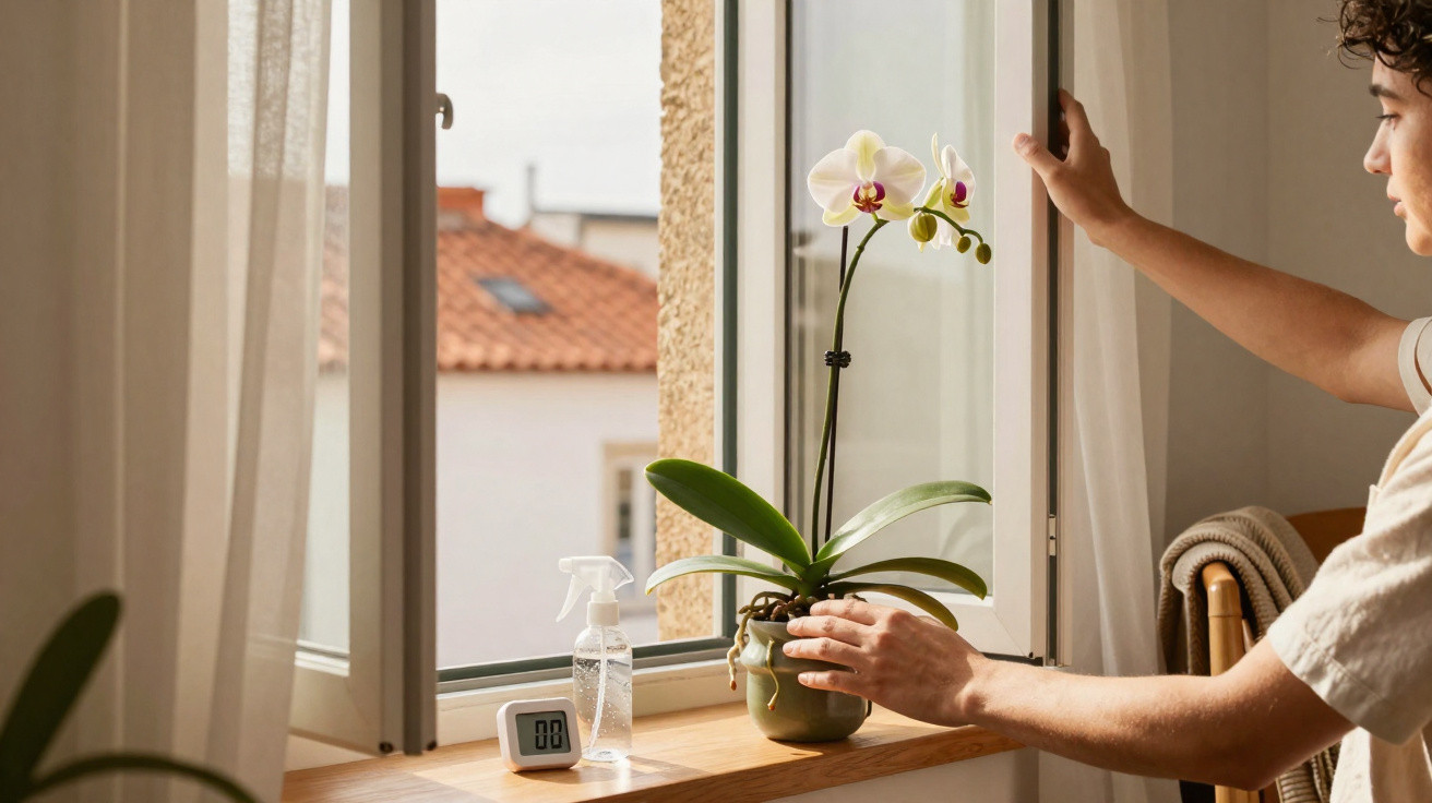Pessoa a abrir janela para colocar orquídea num cais de janela com termómetro digital e pulverizador.