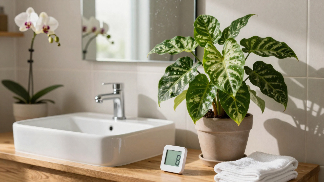 Planta em vaso numa casa de banho com espelho, lavatório branco, termómetro digital e toalhas brancas.