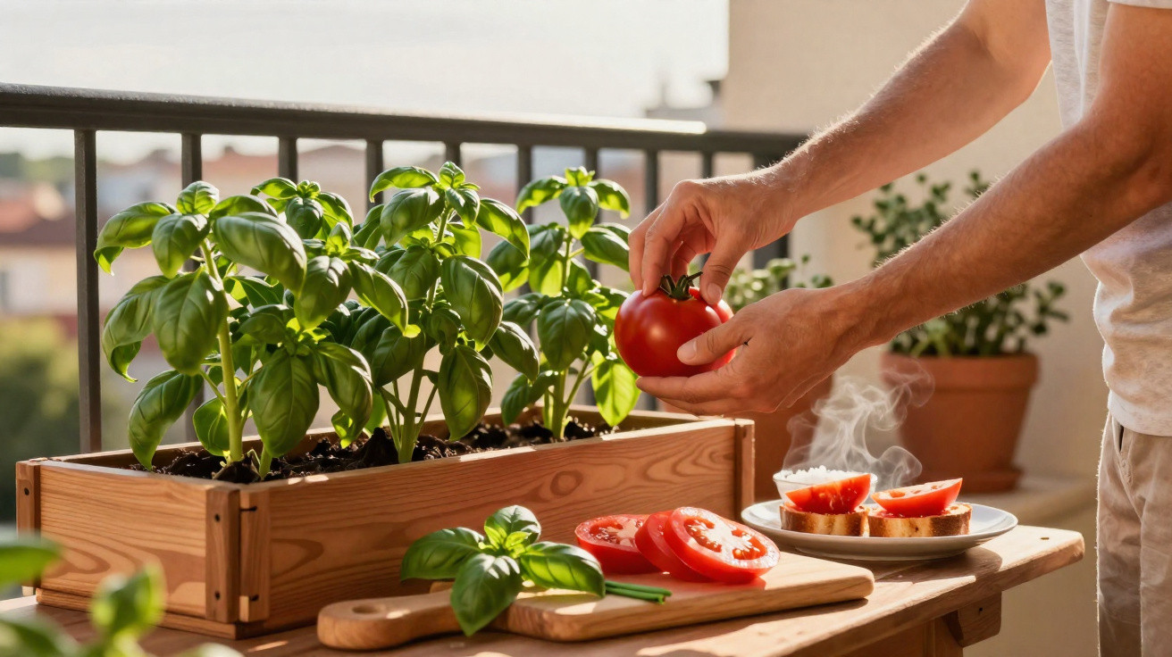 Pessoa a colher tomate fresco junto a manjericão plantado numa caixa de madeira, com pão e tomate fatiado numa mesa.