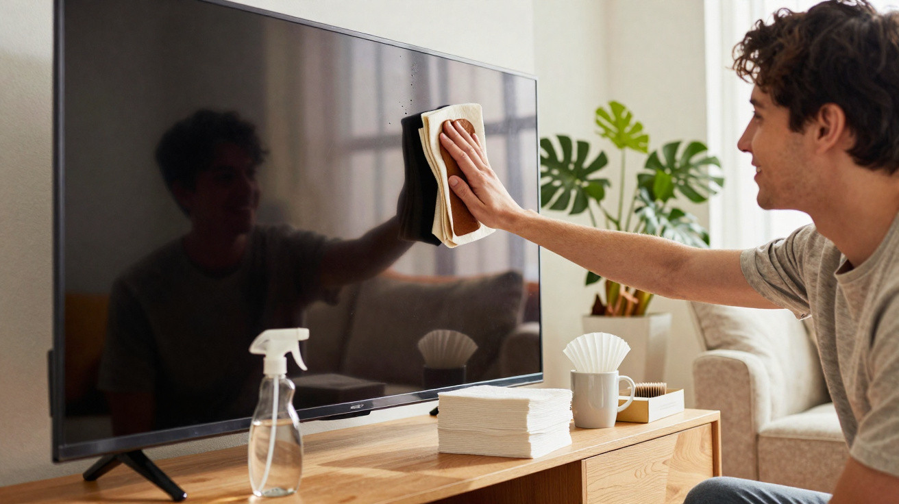 Homem a limpar a televisão com um pano numa sala com sofá e plantas.