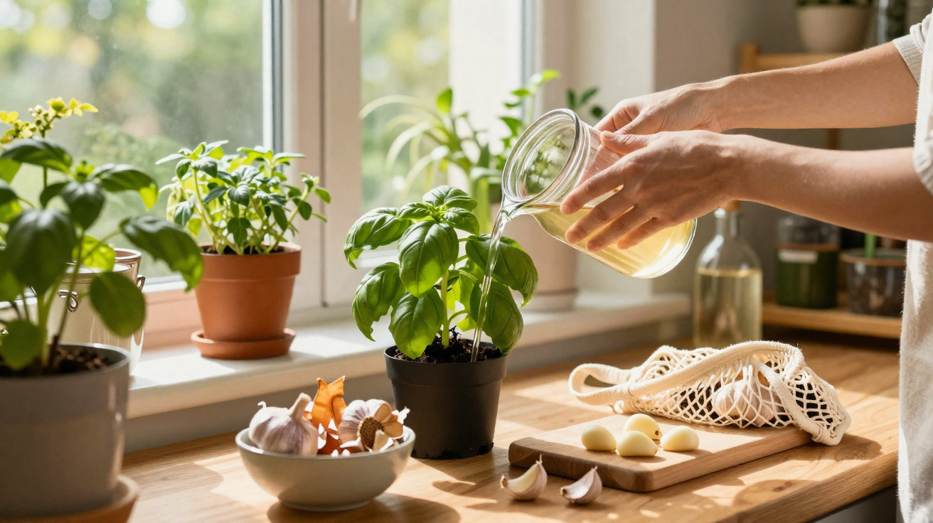 Pessoa a regar manjericão em vaso com alho e plantas na janela iluminada pelo sol.