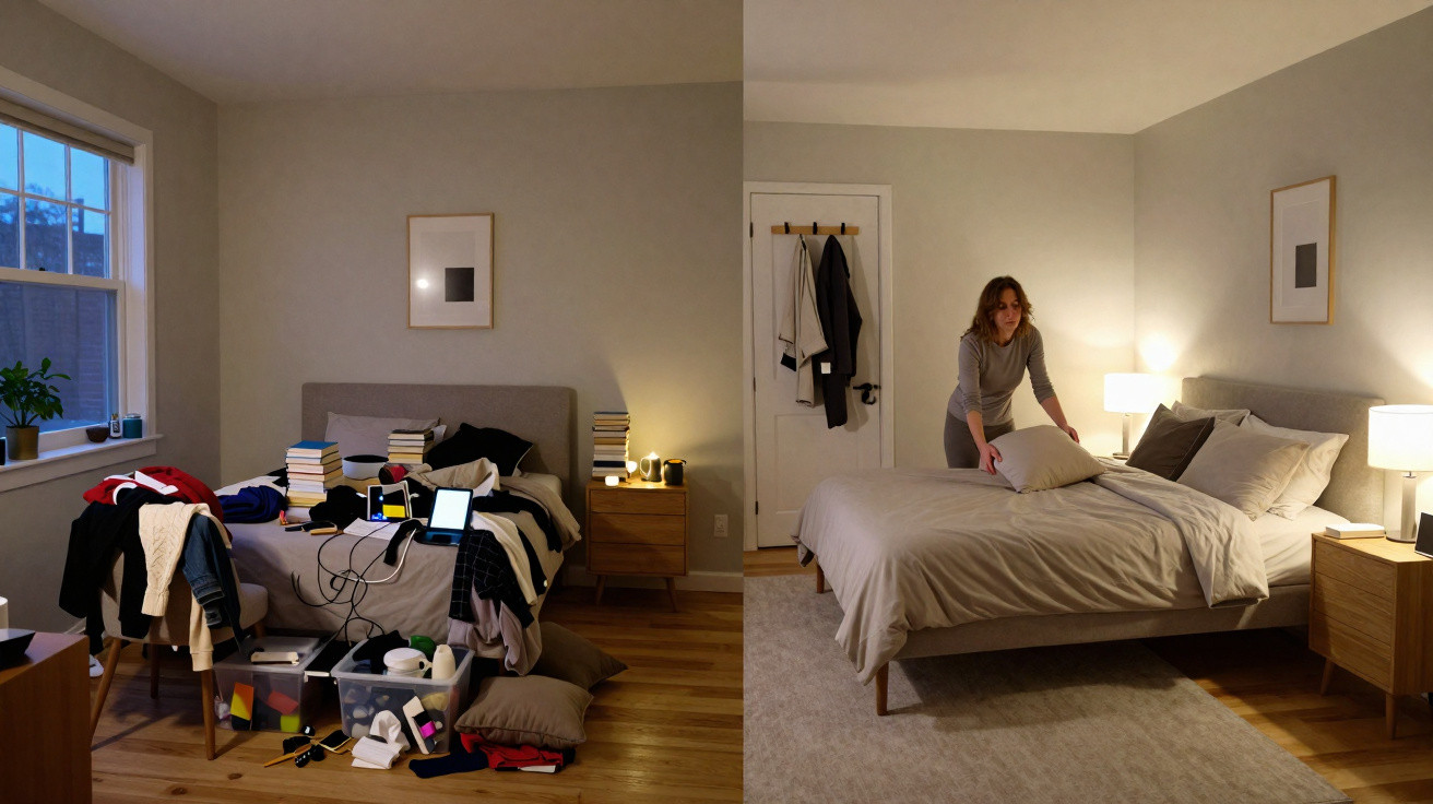 Quarto dividido em duas imagens: lado esquerdo desarrumado e lado direito organizado e limpo com mulher a arrumar a cama.