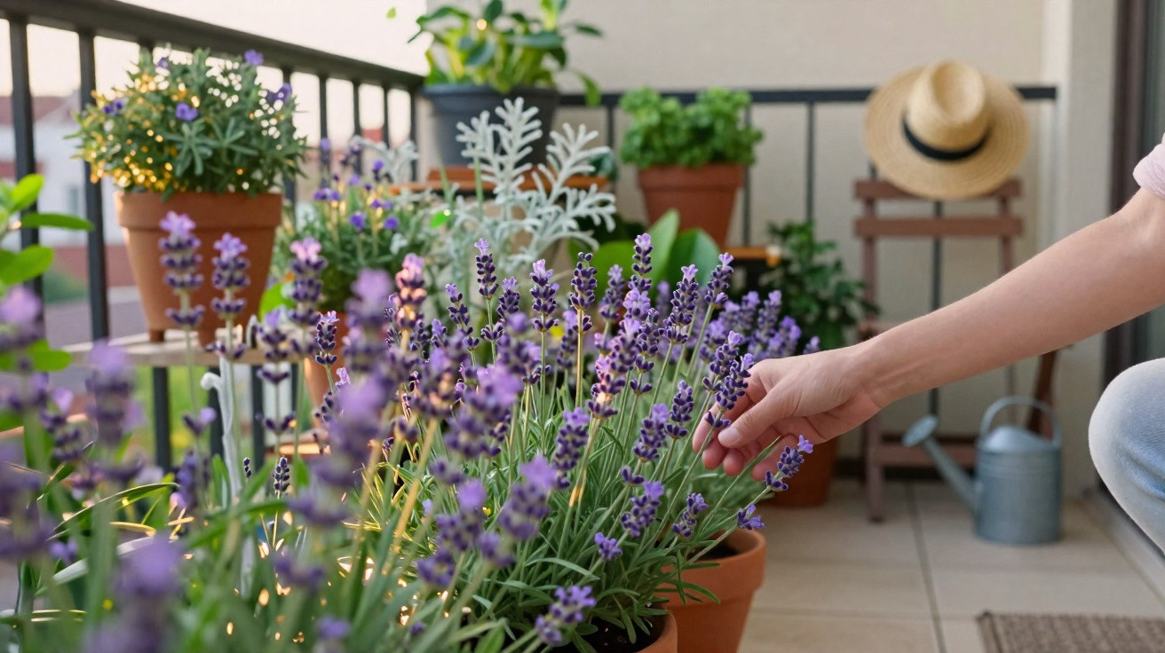Pessoa a cuidar de plantas em vasos num terraço, com flores de lavanda em destaque.