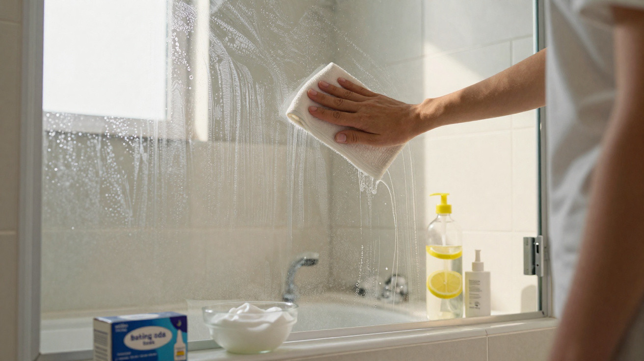 Pessoa a limpar vidro do chuveiro com esponja e produtos de limpeza num banheiro branco.