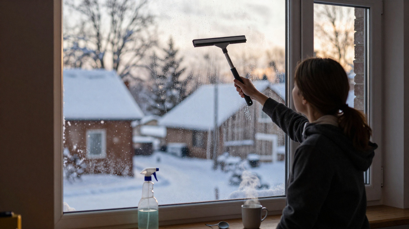 Pessoa a limpar uma janela com limpa-vidros, vista de casas cobertas de neve ao fundo ao pôr do sol.