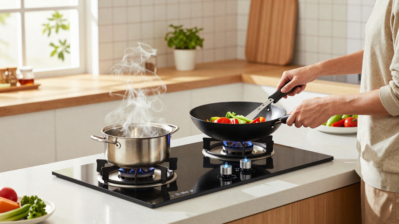 Pessoa a cozinhar legumes em frigideira numa placa de fogão moderna na cozinha iluminada.