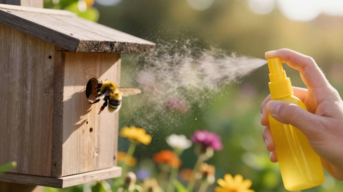 Mão a borrifar spray amarelo perto de uma abelha que sai de uma casa de madeira num jardim florido.