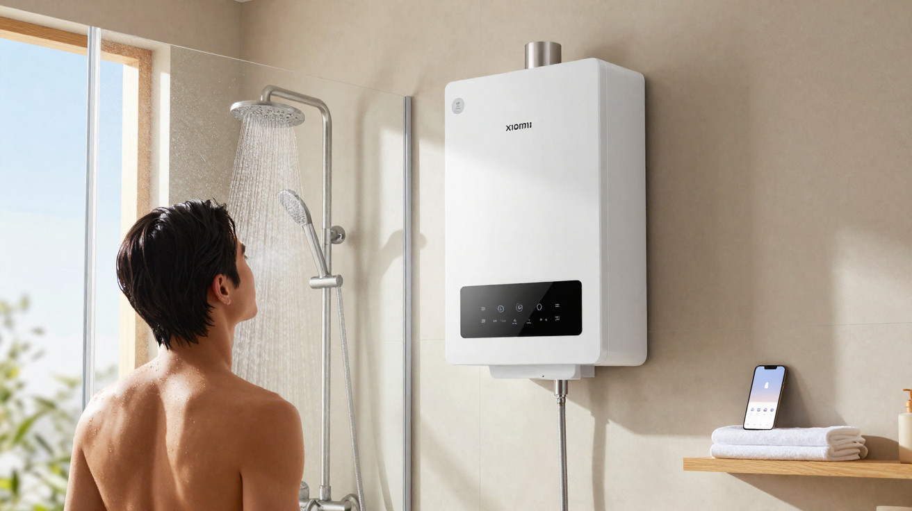 Homem a tomar banho com chuveiro, ao lado de um aquecedor de água Xiaomi moderno na parede.