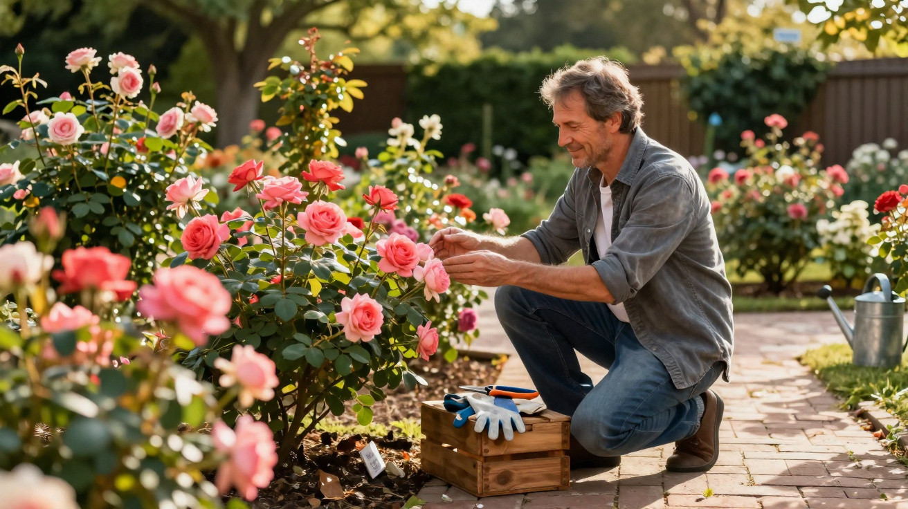 Homem cuidando e podando rosas cor-de-rosa num jardim ensolarado e bem cuidado.