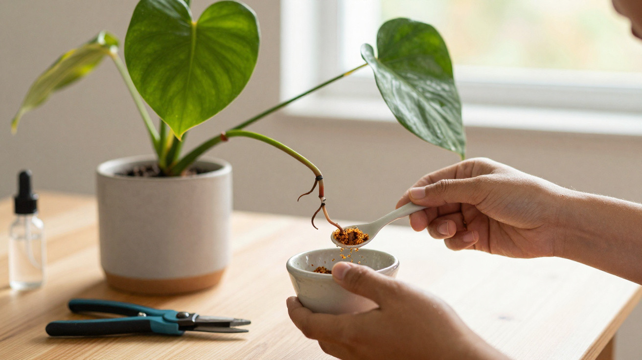 Mãos a tratar de estaca de planta dentro de vaso, com tesoura e frasco pequeno numa mesa de madeira.