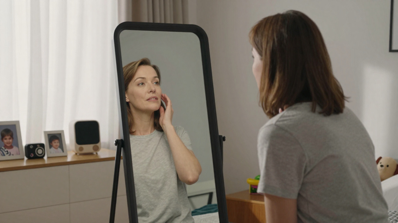Mulher a olhar o rosto no espelho de corpo inteiro numa divisão iluminada e decorada com fotos infantis.