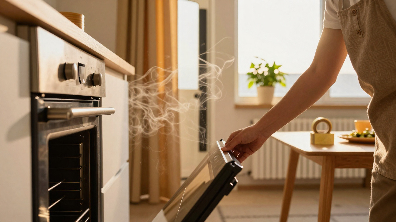 Pessoa a abrir um forno quente com vapor a sair, numa cozinha iluminada pela luz natural.