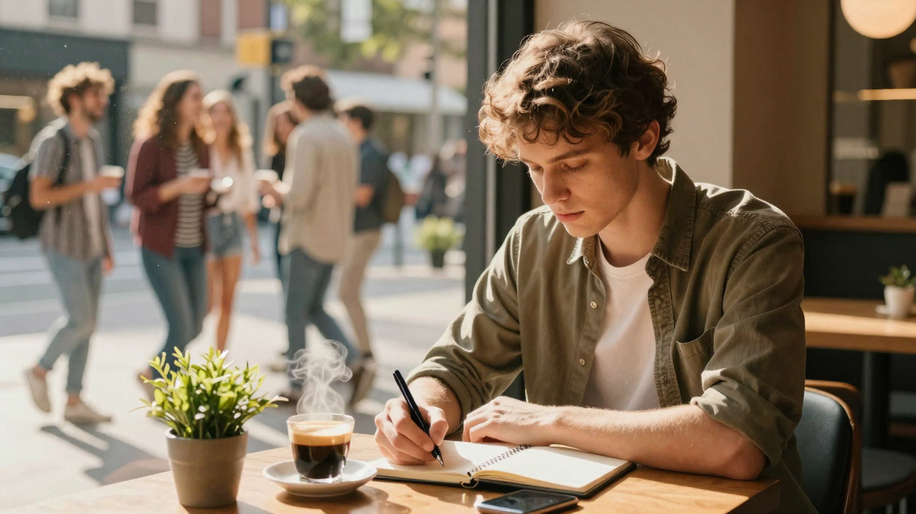Homem jovem a escrever num caderno numa cafetaria com chá quente e grupo de pessoas no fundo.