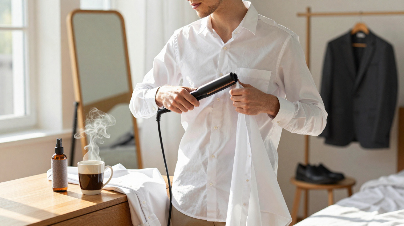 Homem alisando uma camisa branca com prancha térmica numa divisão iluminada.