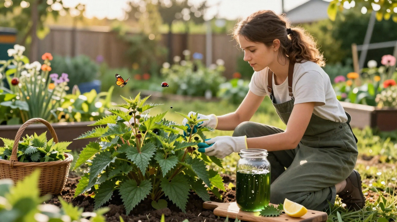 Mulher a cuidar de plantas num jardim com luvas, jarro de líquido verde e cesta de folhas ao lado.