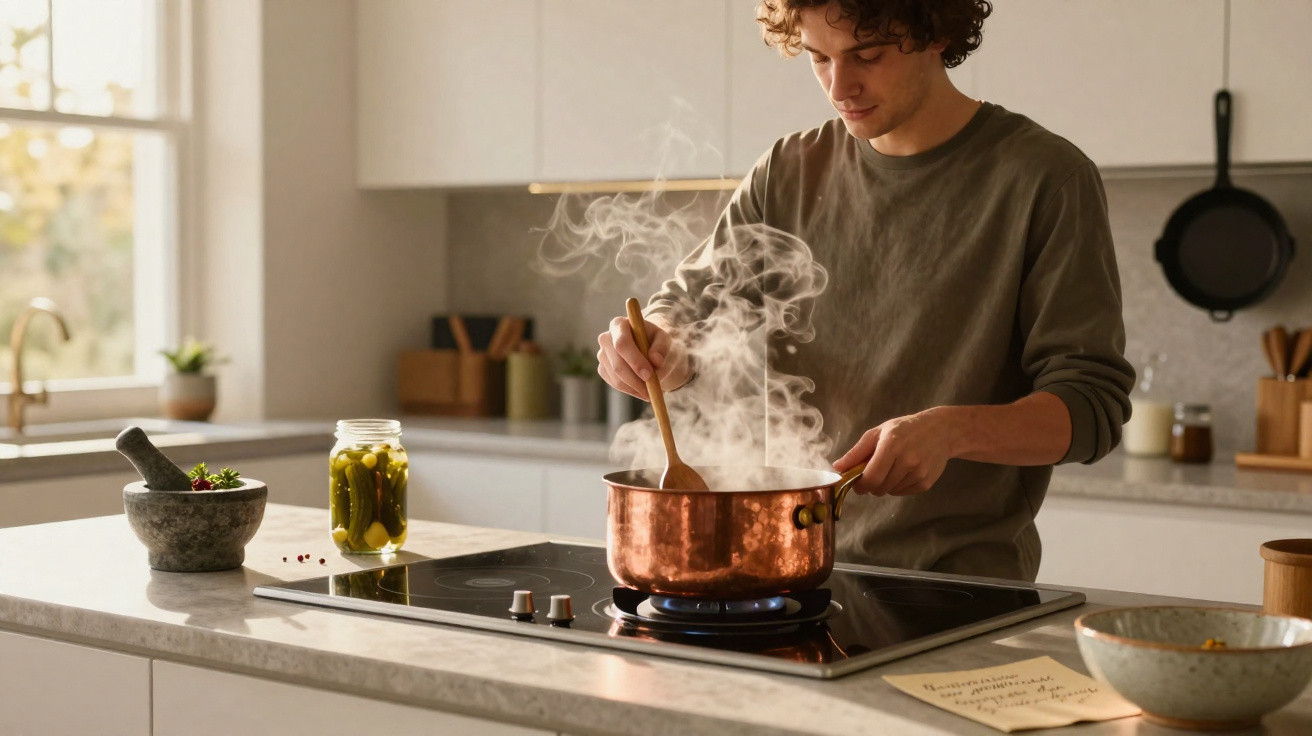 Jovem a mexer um tacho de cobre fumegante numa placa de indução numa cozinha moderna e iluminada.