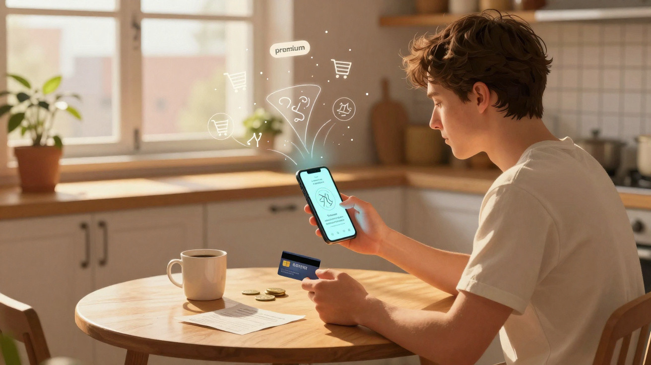 Pessoa numa cozinha a fazer compras online com smartphone e cartão de crédito, com ilustrações de compras digitais.