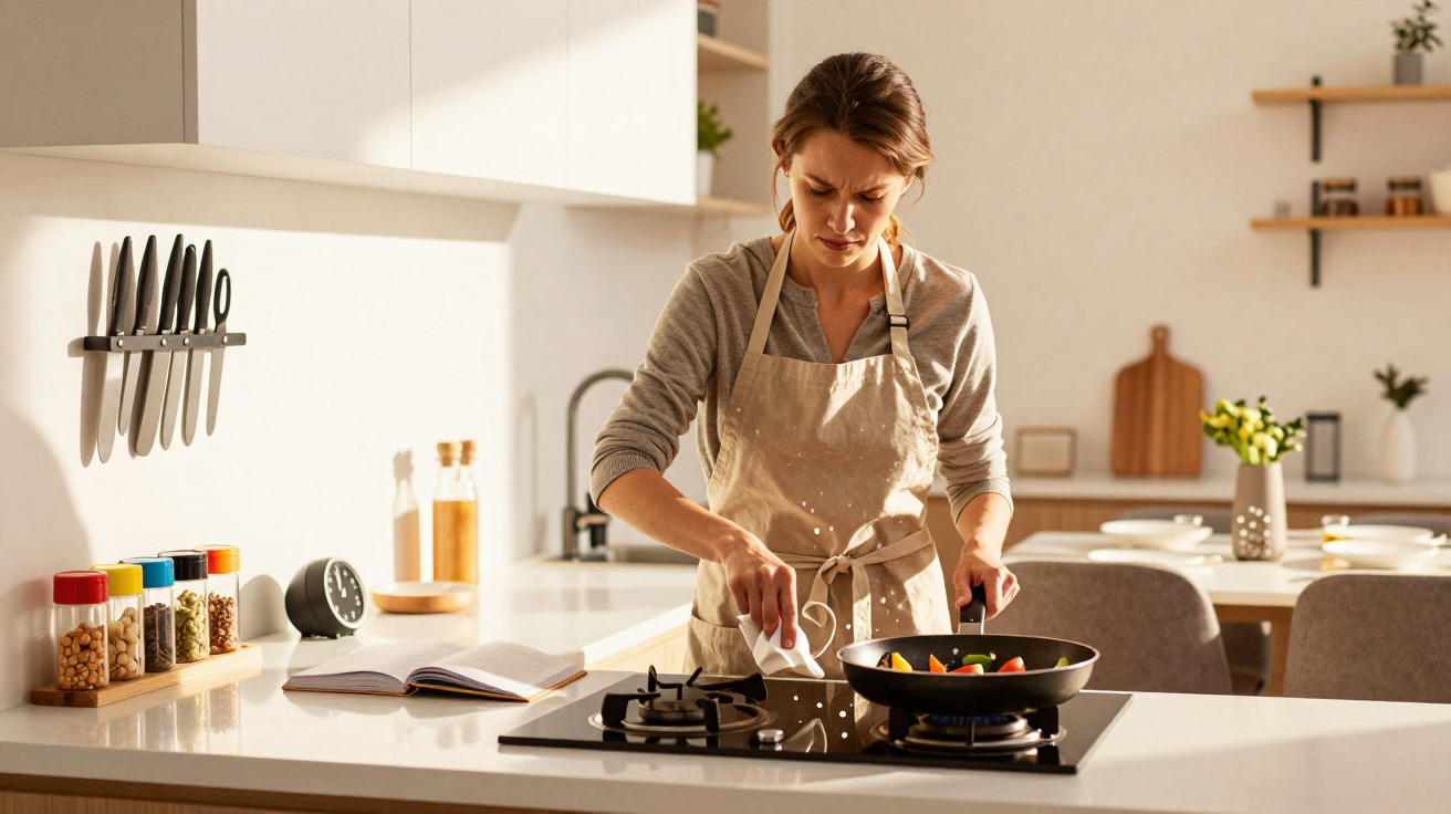 Mulher a cozinhar legumes numa frigideira numa cozinha moderna e iluminada a luz natural.