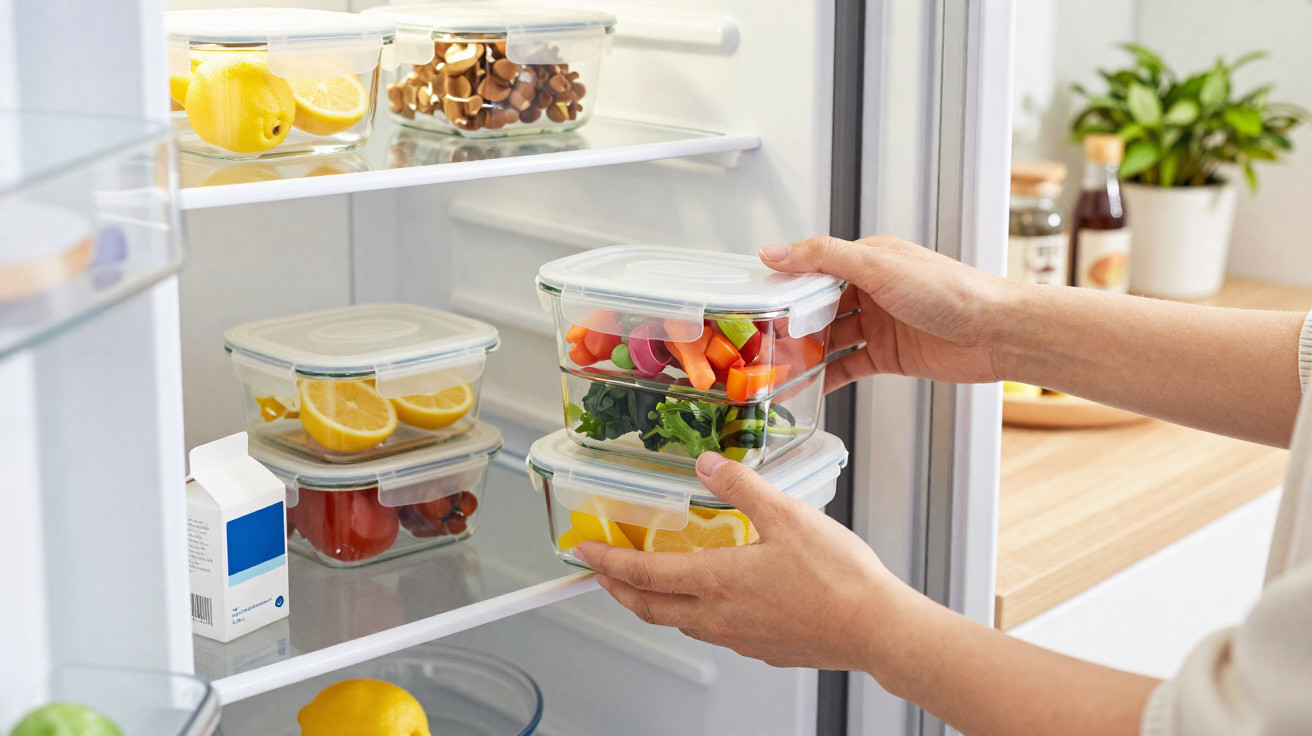 Mãos a guardar recipientes de plástico com legumes e frutas dentro de um frigorífico organizado.