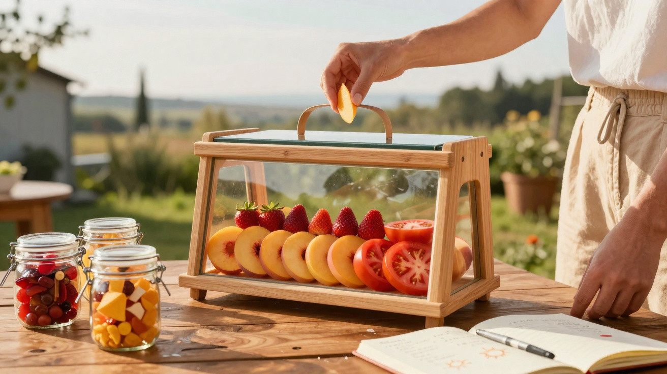 Mão a colocar fatia de fruta numa caixa de madeira com fatias de fruta fresca e frascos num ambiente ao ar livre.