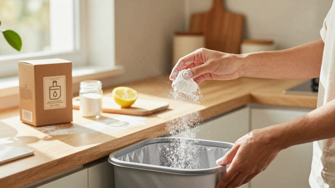 Mãos a deitar bicarbonato de sódio num contentor de lixo numa cozinha luminosa com limão partido em cima do balcão.