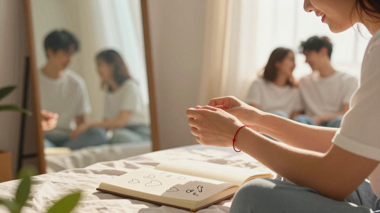 Pessoa sentada na cama com livro de desenhos de corações, casal ao fundo refletido num espelho.