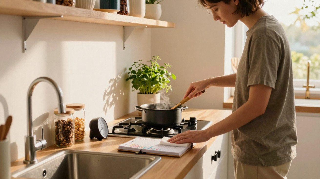 Pessoa a cozinhar e a consultar uma receita num caderno numa cozinha luminosa e organizada.