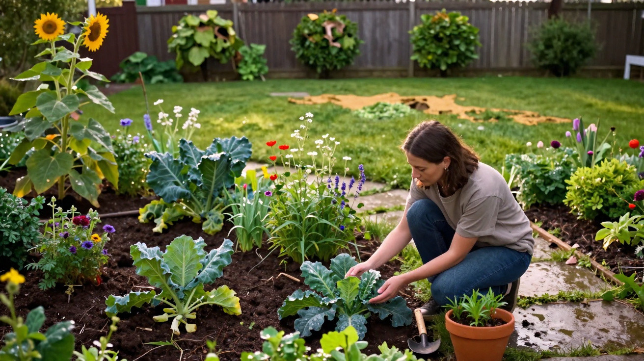 Mulher a cuidar de plantas e legumes num jardim com girassóis e flores coloridas ao entardecer.