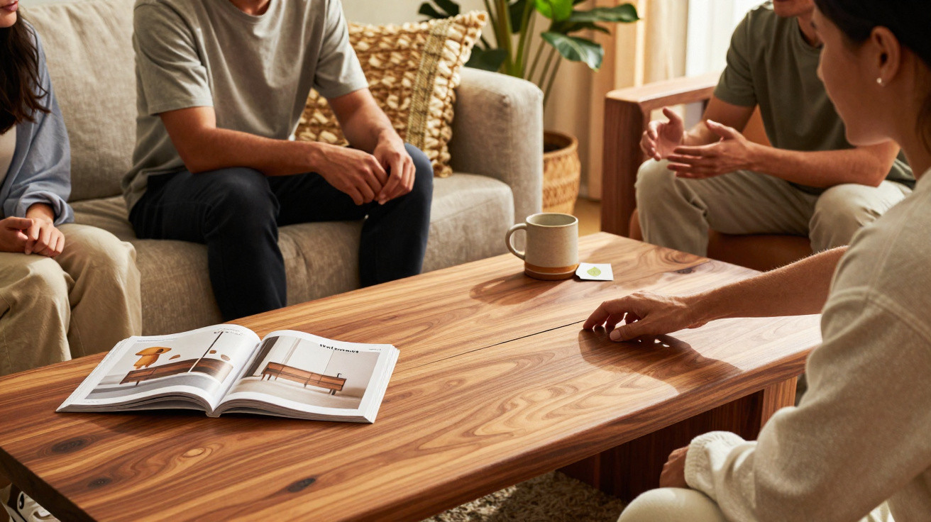 Quatro pessoas sentadas à volta de uma mesa de madeira com revista e chá, em ambiente acolhedor.