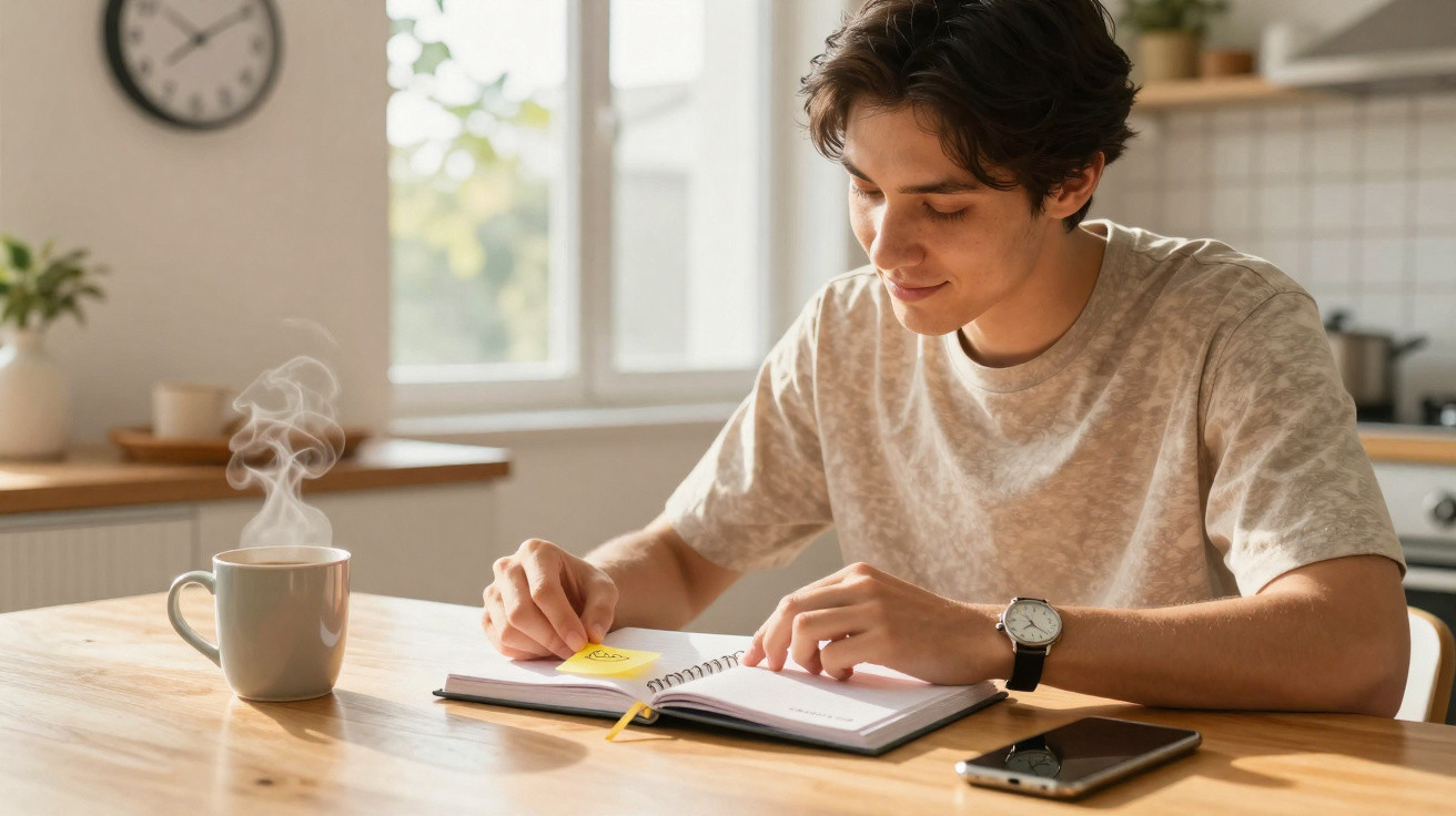 Jovem sentado à mesa a colocar um marcador num caderno, com chá quente e telemóvel ao lado.