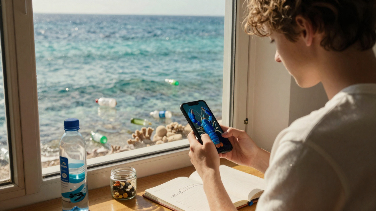 Jovem observa imagem de marisco num telemóvel junto a uma janela com vista para um mar poluído com lixo plástico.