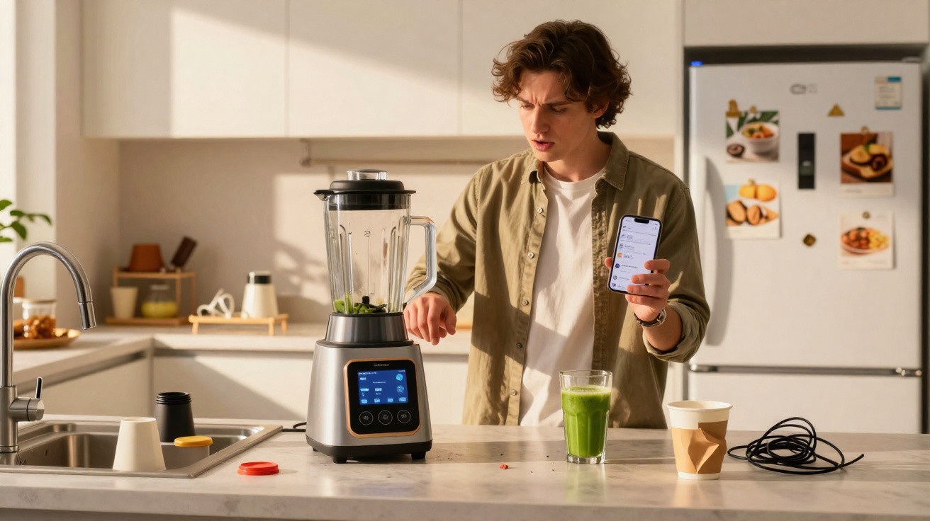 Jovem na cozinha a usar liquidificador enquanto segura telemóvel com receita para preparar sumo verde.