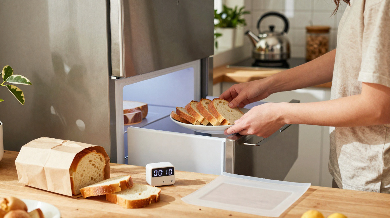 Pessoa a colocar fatias de pão num congelador em cozinha moderna com temporizador digital e pão em saco de papel.
