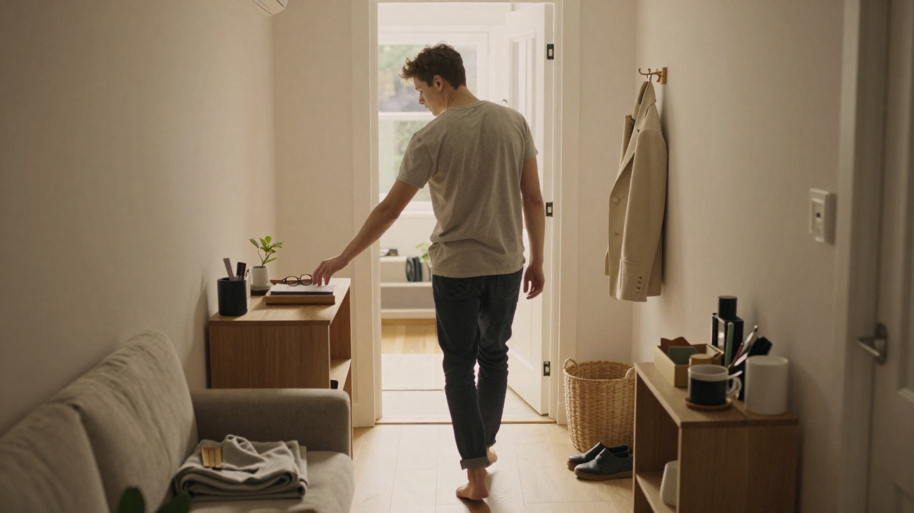 Jovem em pé numa sala minimalista, com t-shirt cinza e calças escuras, perto de uma cómoda de madeira.