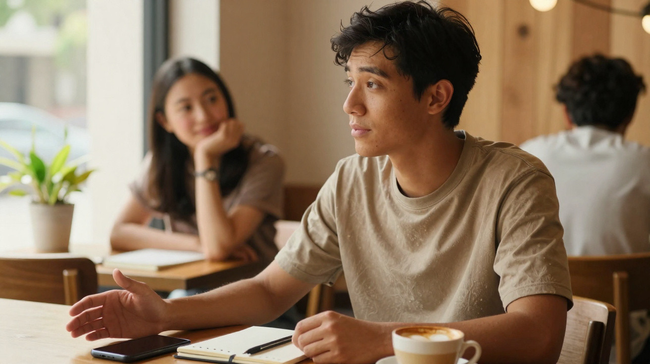 Jovem sentado numa mesa de café com chávena de cappuccino, a conversar com outra pessoa ao fundo.