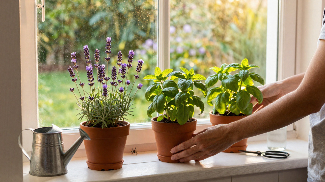 Mãos a cuidar de plantas em vasos na janela, com regador e tesoura à direita, ao fundo jardim desfocado.