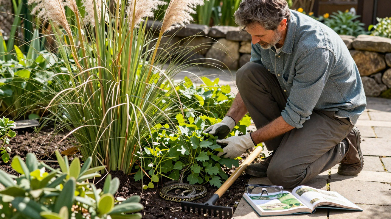 Homem a cuidar de plantas num jardim com luvas e ferramentas de jardinagem.