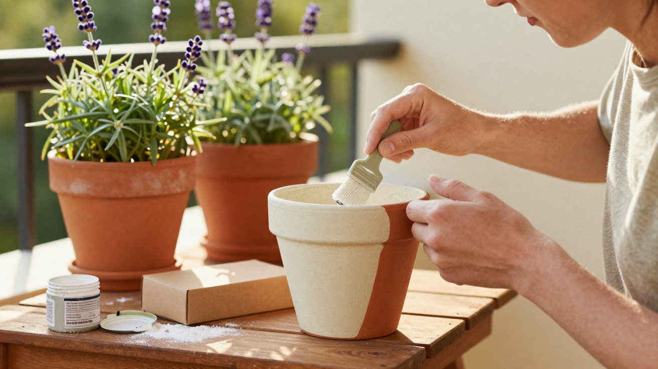Pessoa a pintar vaso de barro com pincel numa mesa de madeira com vasos de lavanda ao fundo.