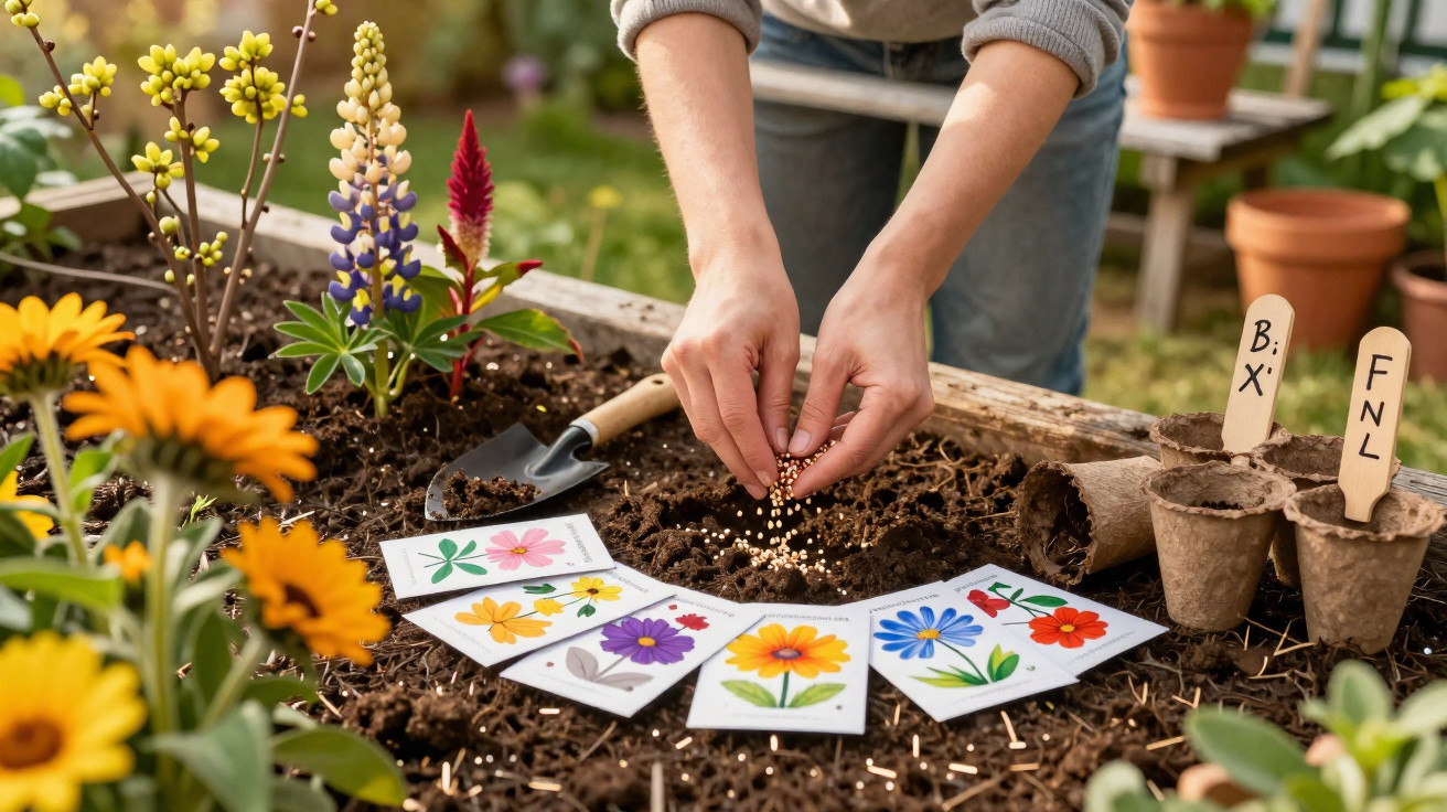 Pessoa a semear pequenas sementes em terra com etiquetas de espécies de flores e imagens coloridas ao redor.