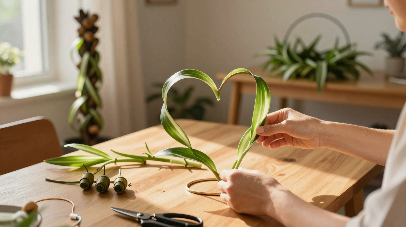 Pessoas a moldar folhas verdes em forma de coração numa mesa de madeira com luz natural.