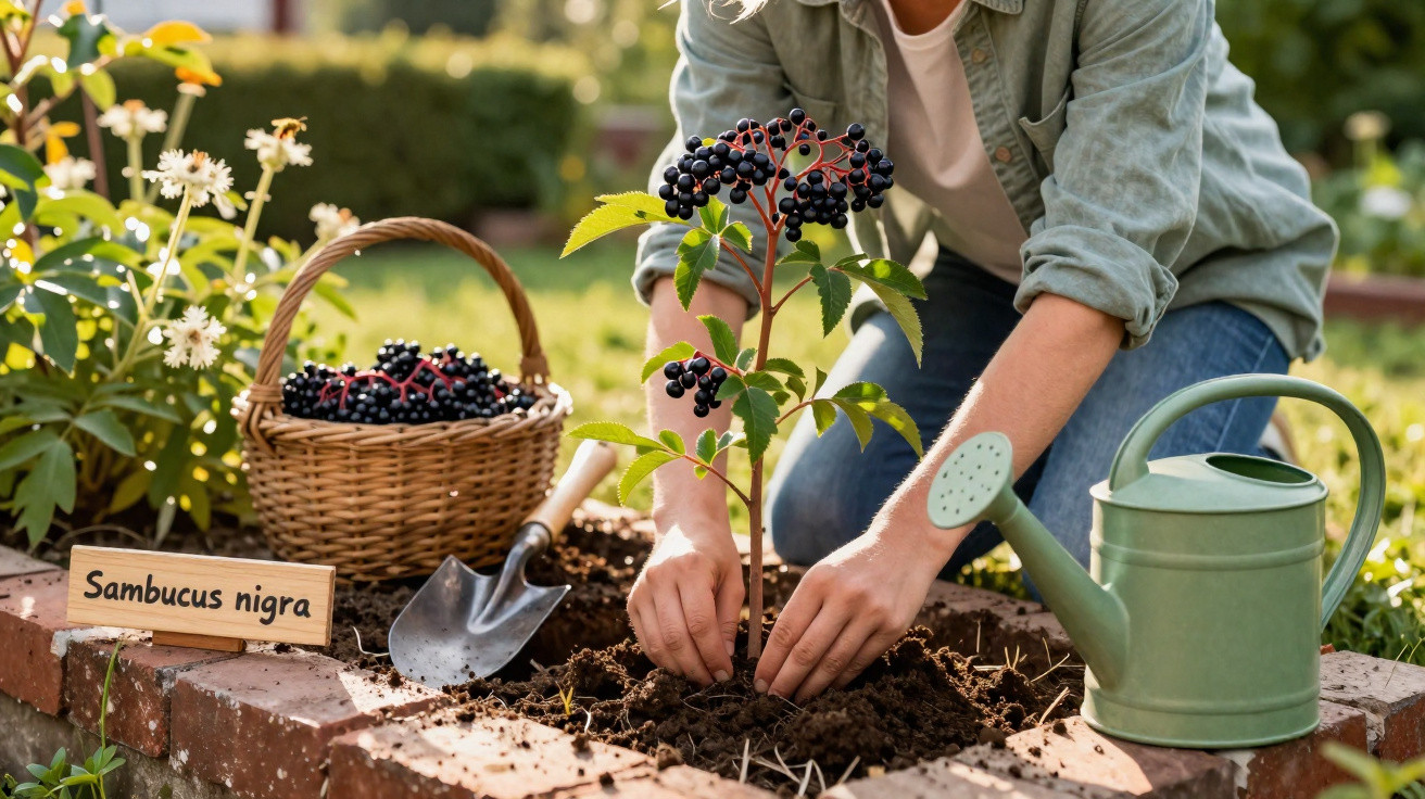 Pessoa a plantar uma muda de Sambucus nigra num jardim com regador e cesto de bagas maduras.