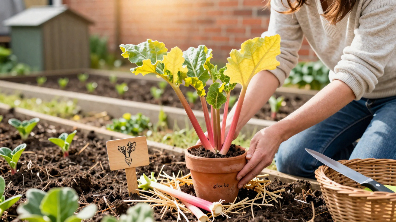 Pessoa a plantar acelgas em vaso no jardim com cerca de madeira e cesta ao lado