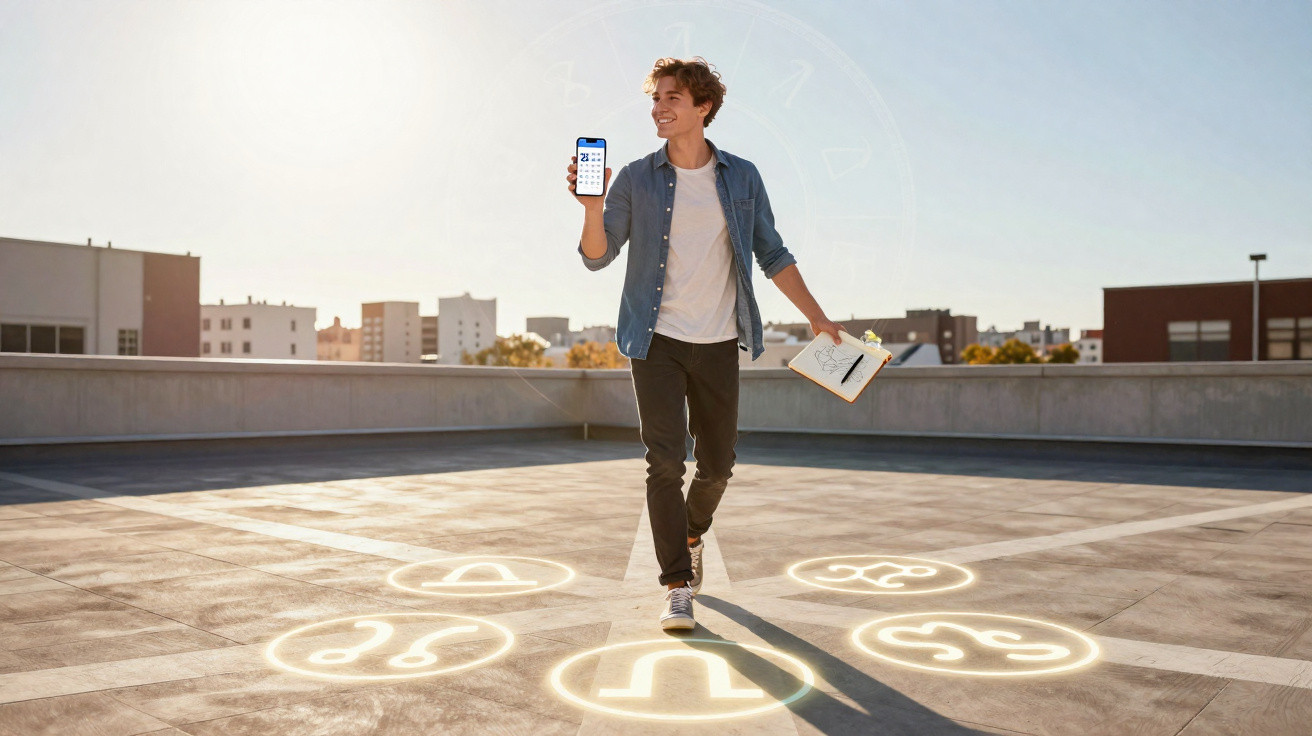 Jovem sorridente em espaço exterior com smartphone e caderno, com símbolos de astrologia iluminados no chão.