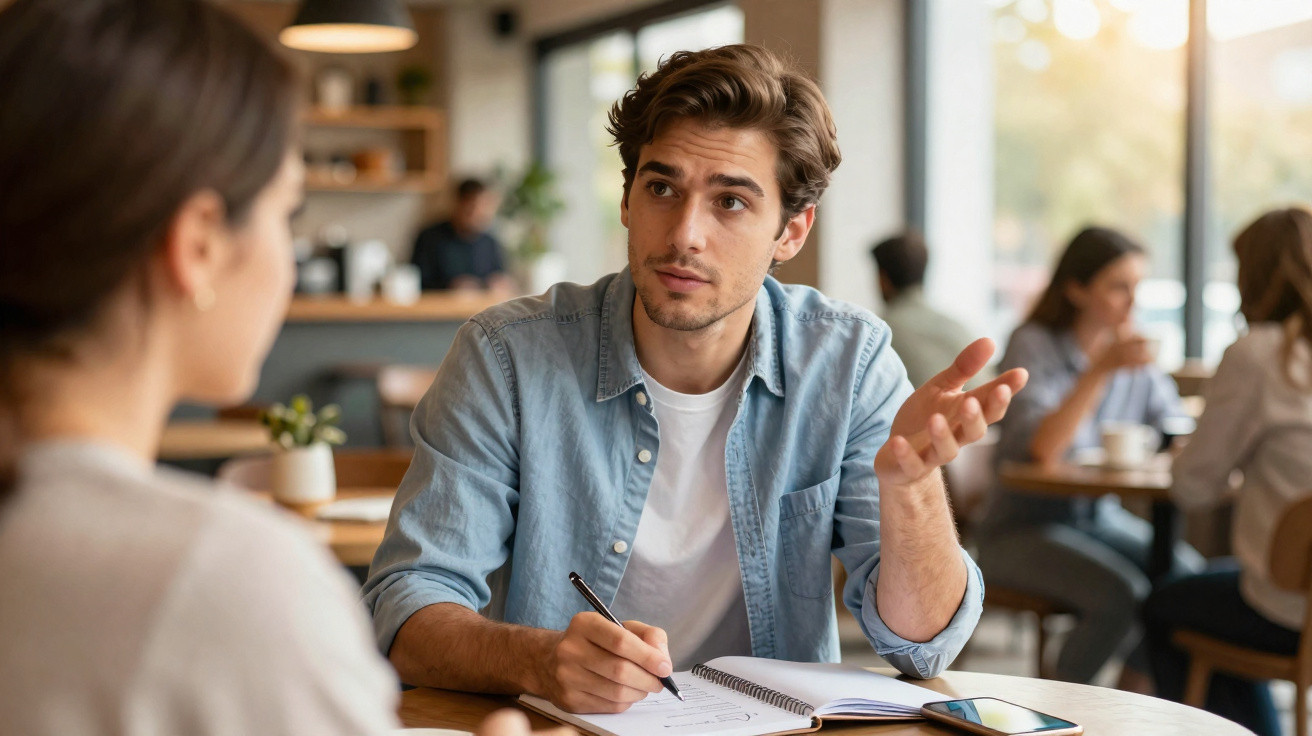 Homem jovem a explicar algo enquanto escreve num caderno, sentado numa mesa de café com outra pessoa.