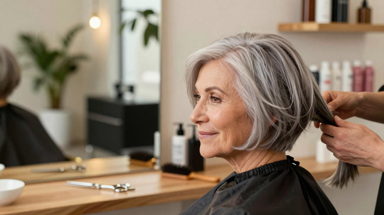 Mulher senhora com cabelo cinzento curto recebe corte de cabelo num salão moderno e acolhedor.