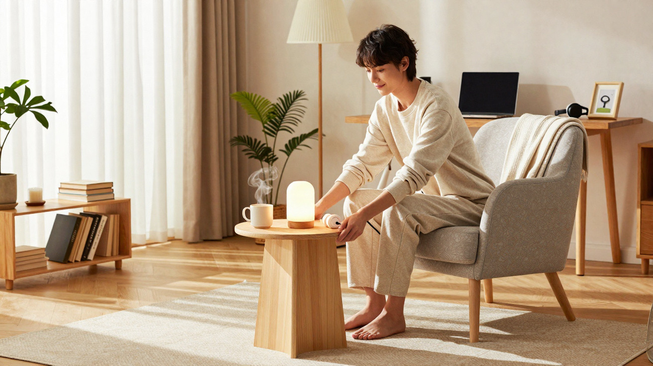 Pessoa sentada numa cadeira confortável junto a uma mesa de madeira com luz ambiente numa sala iluminada.