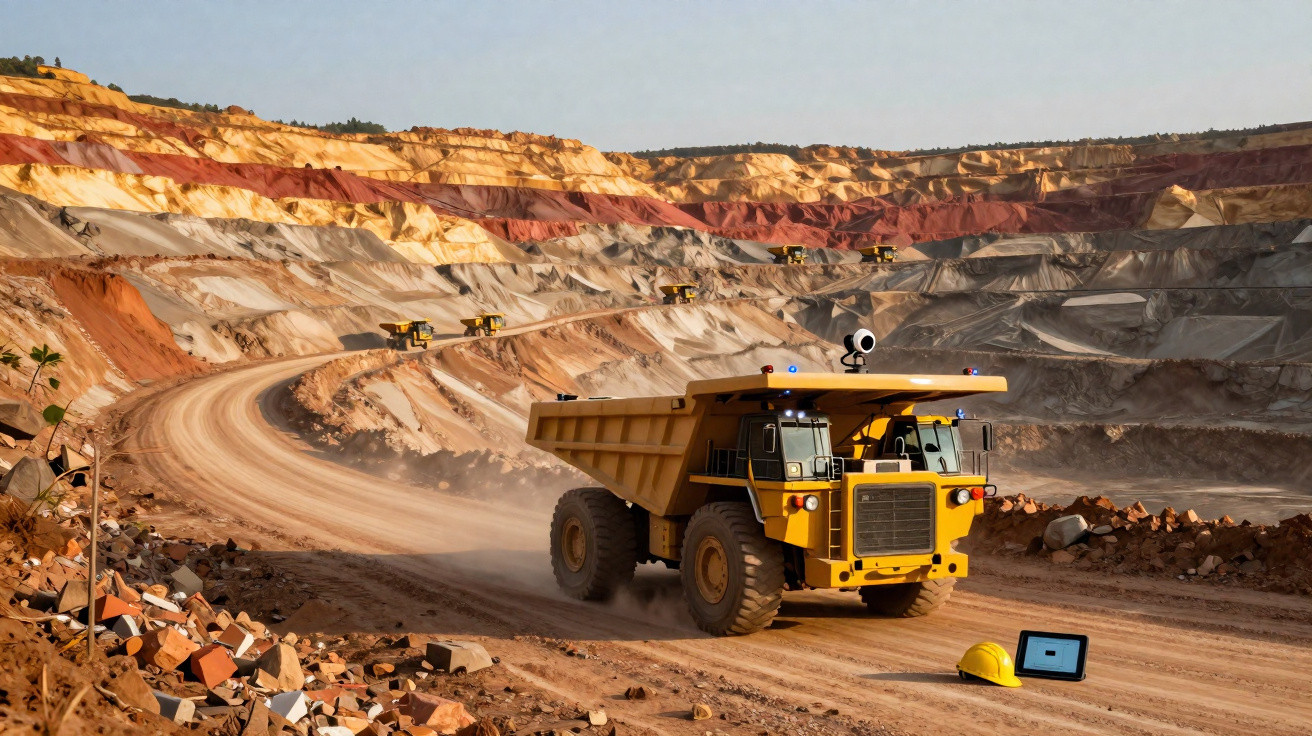 Camião de mineração amarelo em estrada de terra numa mina a céu aberto com casaco e capacete no chão.